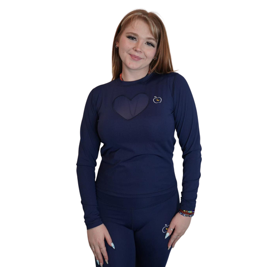Apple Eye Heart Mesh Activewear Long Sleeve Top | Navy Blue Women's Gym Wear