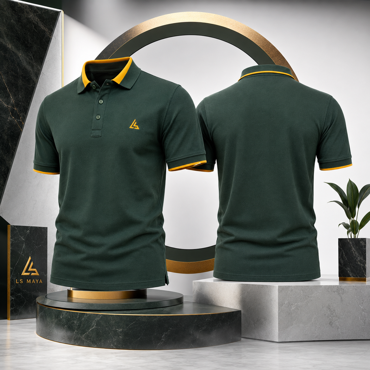 Dark Green Men’s Polo Shirt with Mustard Yellow Detail
