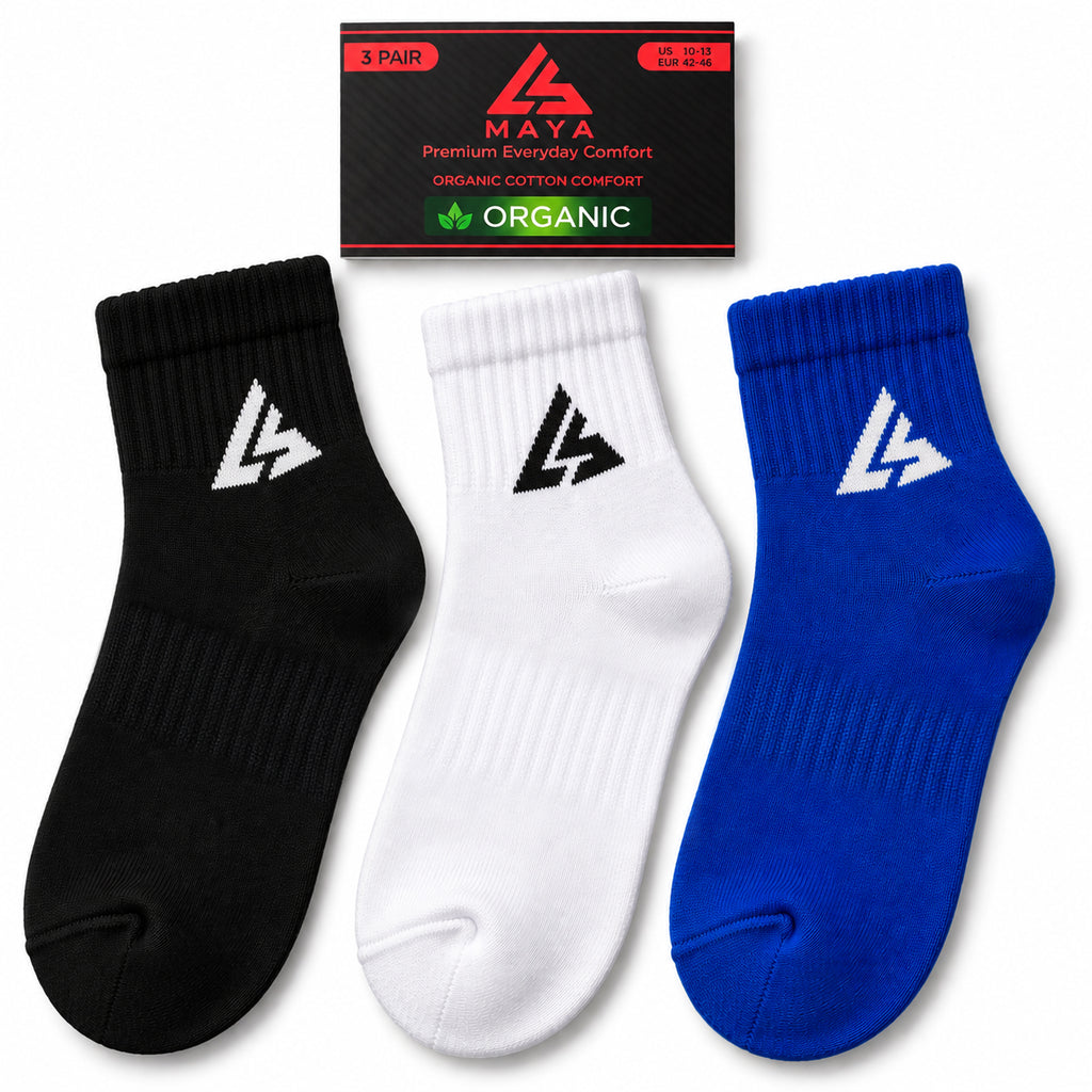 Premium Everyday Comfort Long Socks – 100% Organic Cotton Black, White & Blue 3 Pair Pack