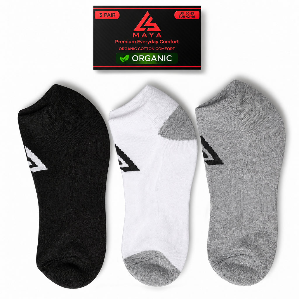 Premium Everyday Comfort Short Socks – 100% Organic Cotton Black, White & Grey 3 Pair Pack
