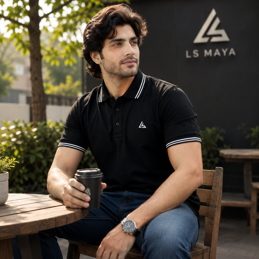 Black Men’s Polo Shirt with White Stripe Detail