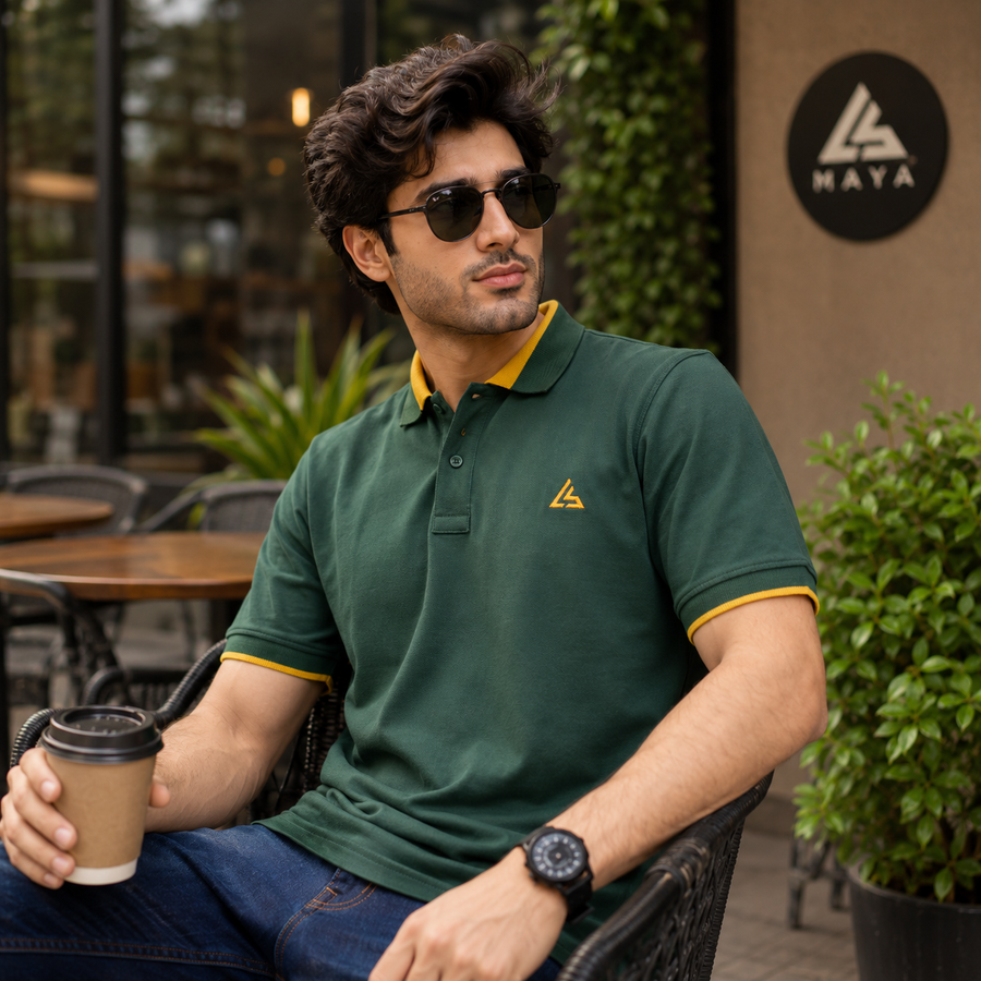 Dark Green Men’s Polo Shirt with Mustard Yellow Detail