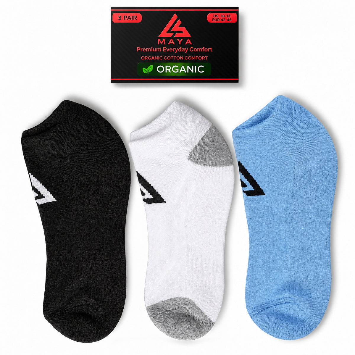 Premium Everyday Comfort Short Socks – 100% Organic Cotton Black, White & Sky Blue 3 Pair Pack