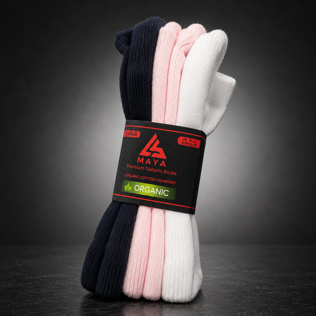 Premium Diabetic Socks – 100% Organic Cotton Black, Pink & White 3 Pair Pack