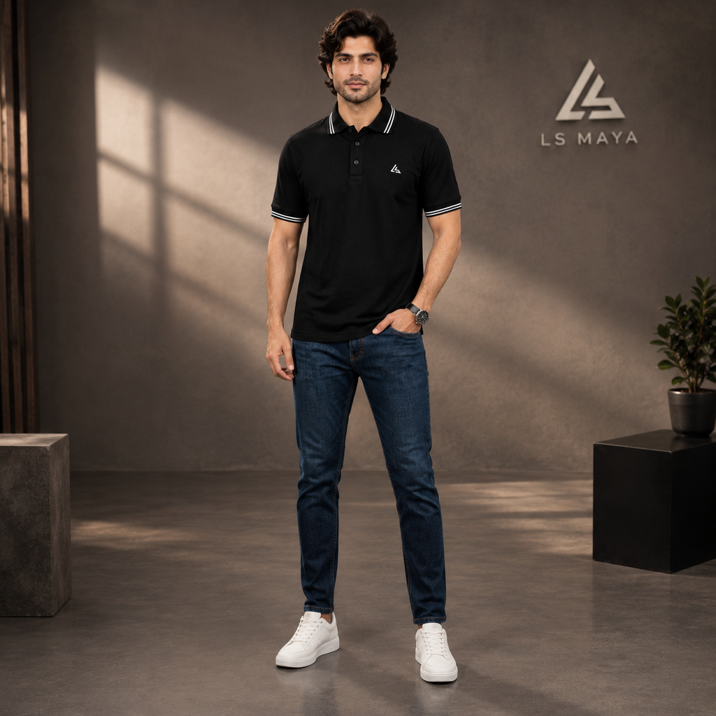 Black Men’s Polo Shirt with White Stripe Detail