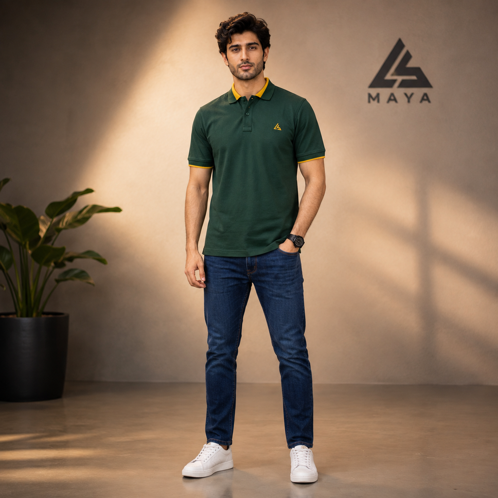 Dark Green Men’s Polo Shirt with Mustard Yellow Detail