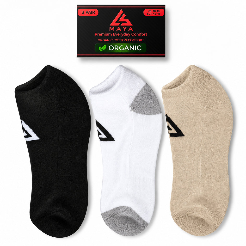 Premium Everyday Comfort Short Socks – 100% Organic Cotton Black, White & Beige 3 Pair Pack
