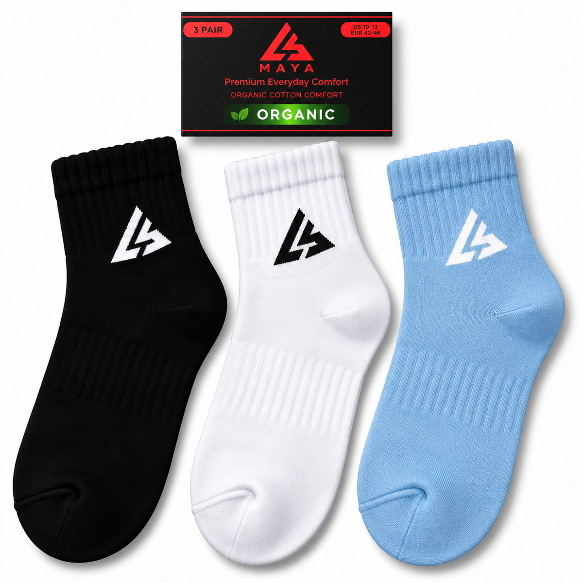 Premium Everyday Comfort Long Socks – 100% Organic Cotton Black, White & Sky Blue 3 Pair Pack