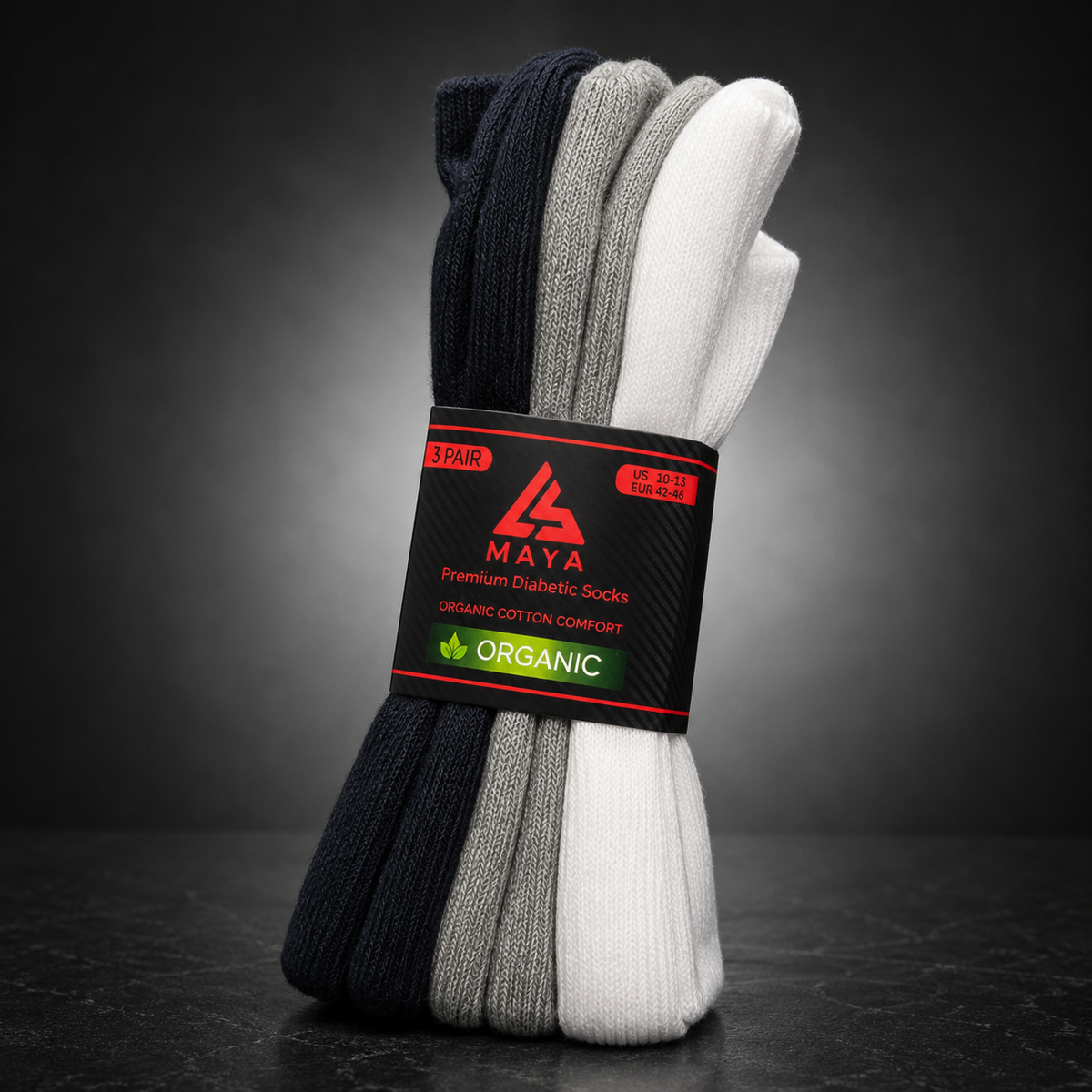 Premium Diabetic Socks – 100% Organic Cotton White, Grey & Black 3 Pair Pack