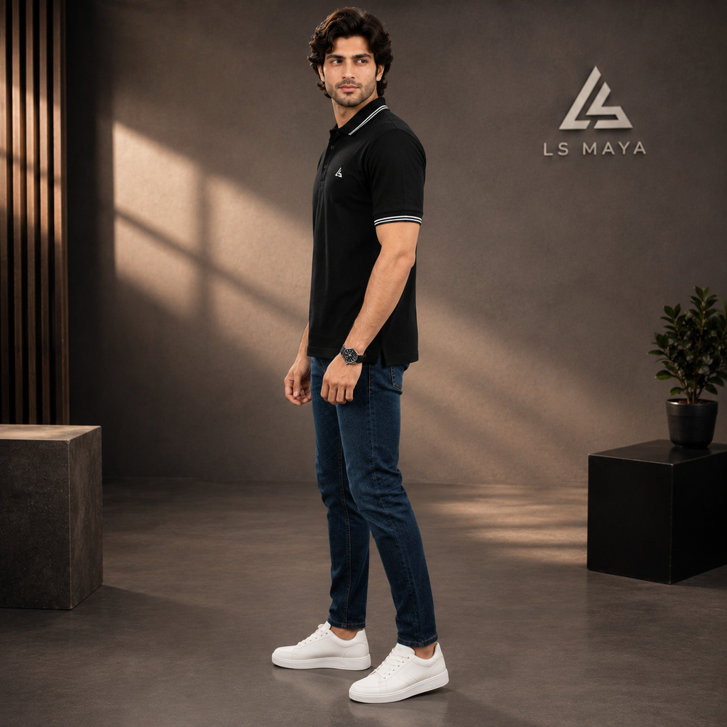 Black Men’s Polo Shirt with White Stripe Detail
