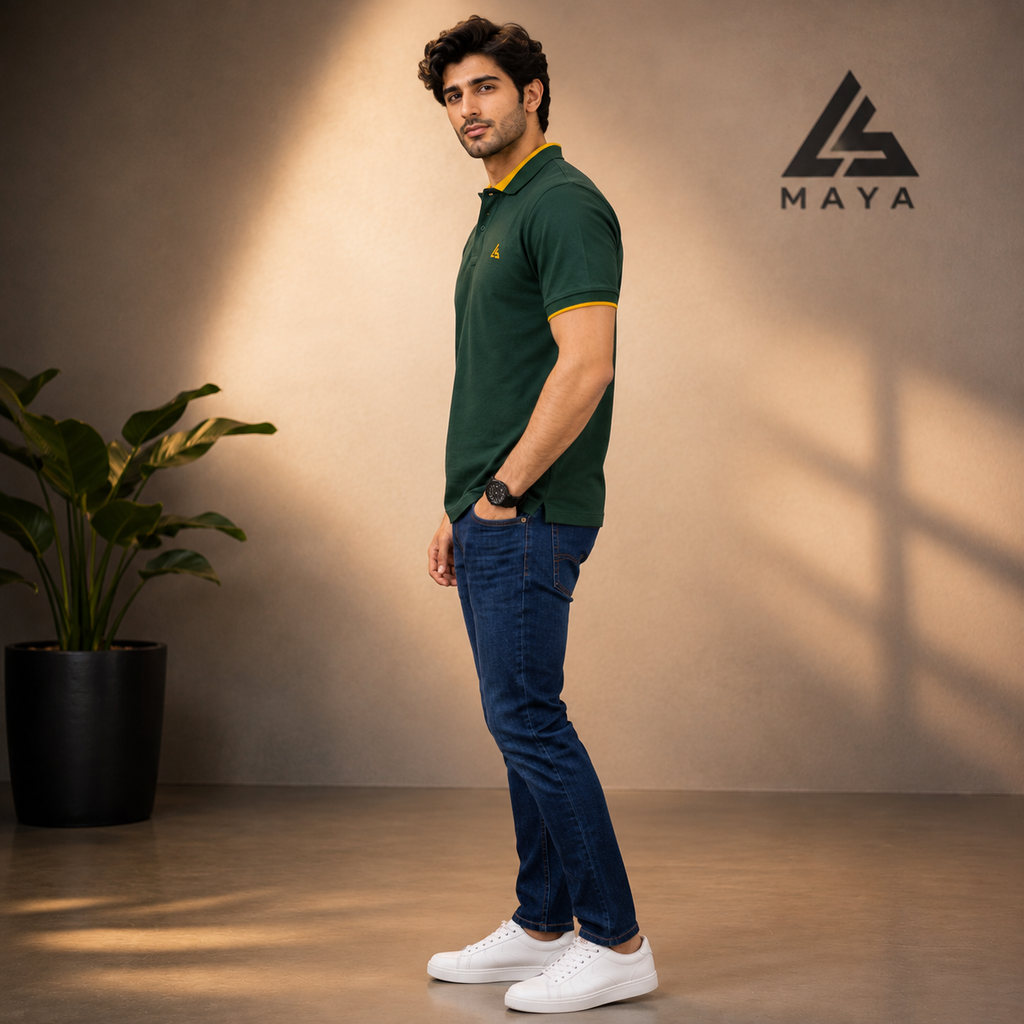 Dark Green Men’s Polo Shirt with Mustard Yellow Detail