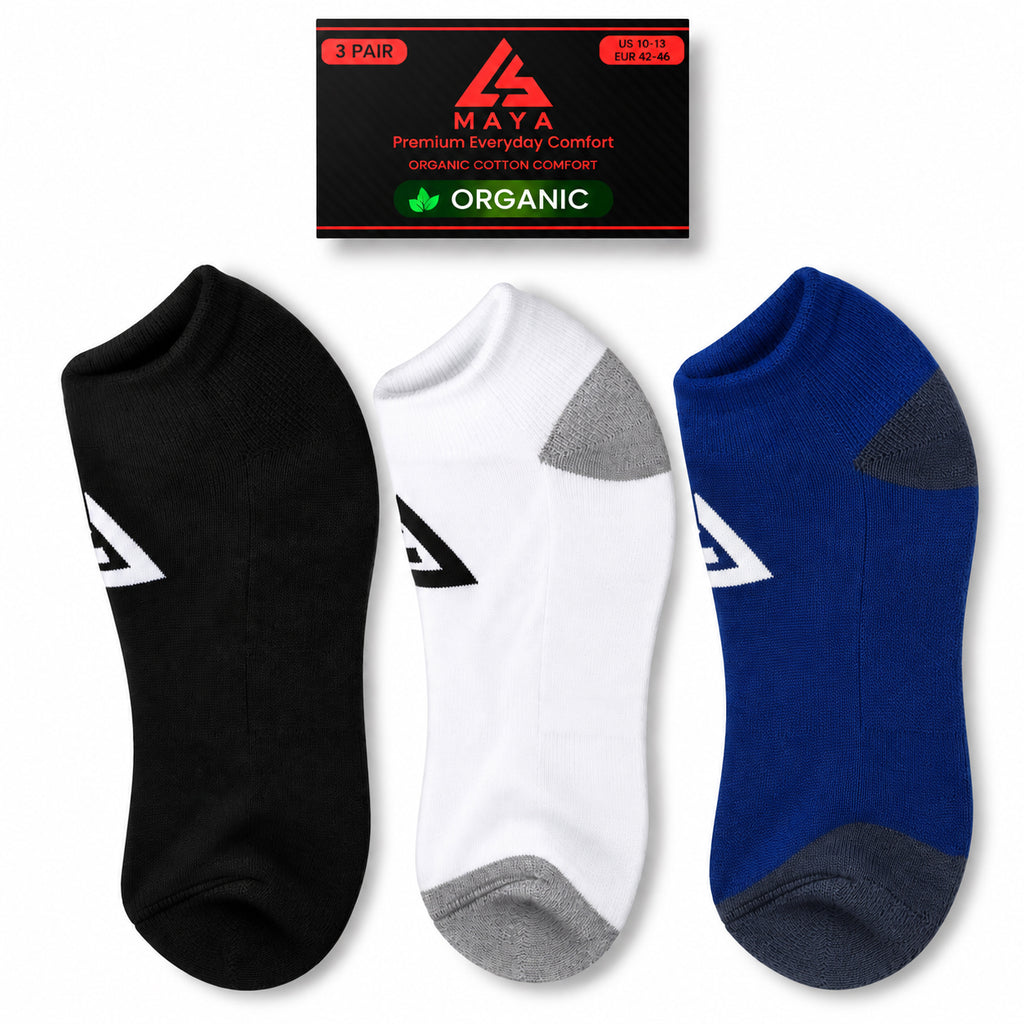 Premium Everyday Comfort Short Socks – 100% Organic Cotton Black, White & Blue 3 Pair Pack