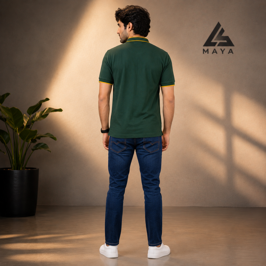Dark Green Men’s Polo Shirt with Mustard Yellow Detail