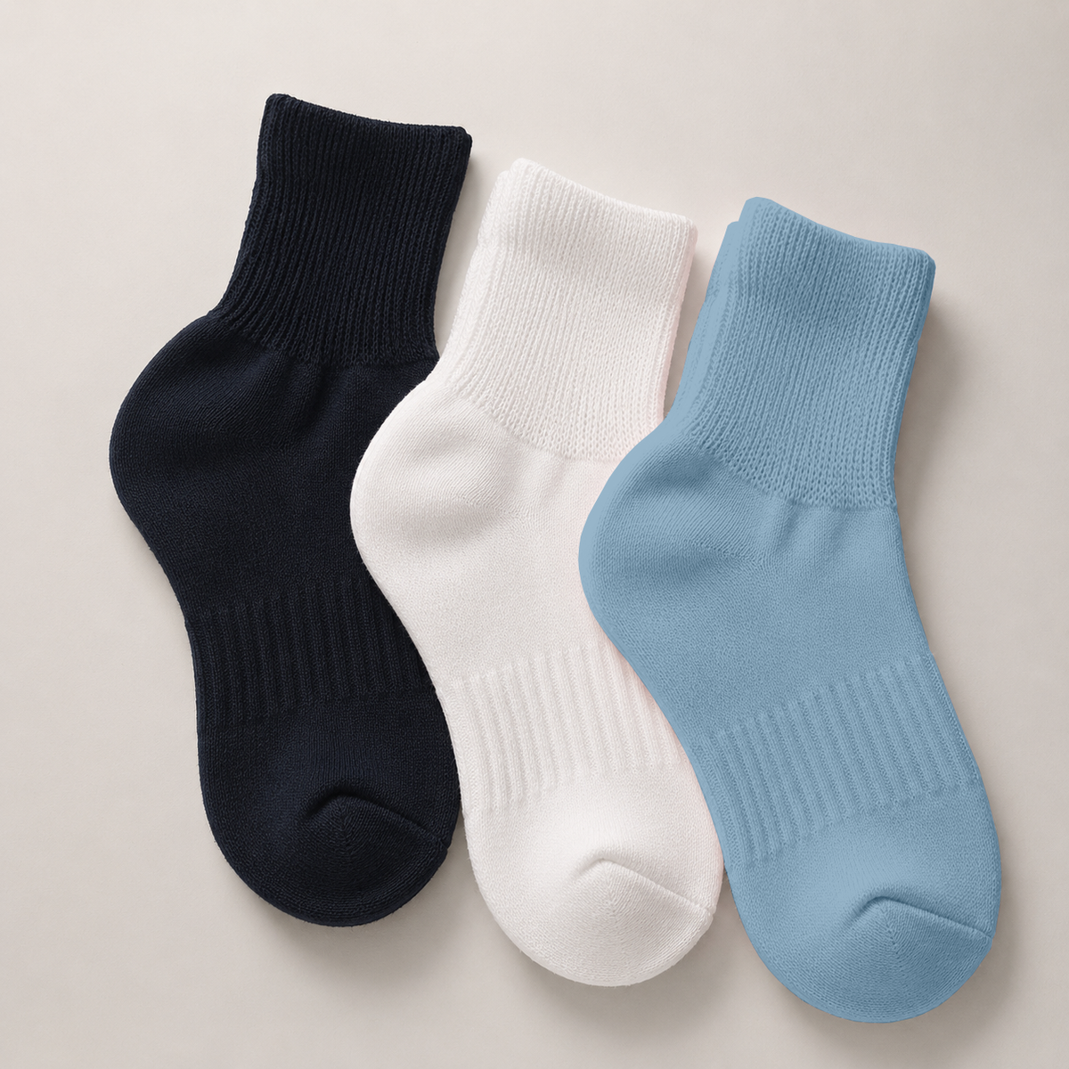 Premium Diabetic Socks – 100% Organic Cotton Black, White & Sky Blue 3 Pair Pack