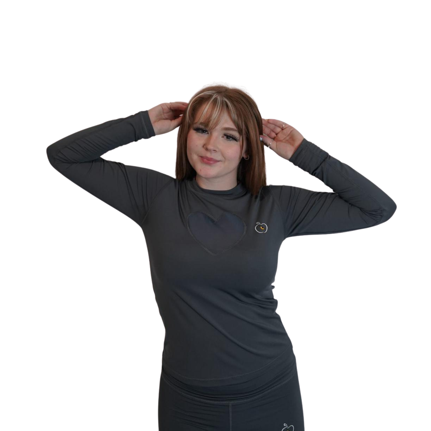 Apple Eye Heart Mesh Activewear Long Sleeve Top | Charcoal Grey Women's Gym Wear