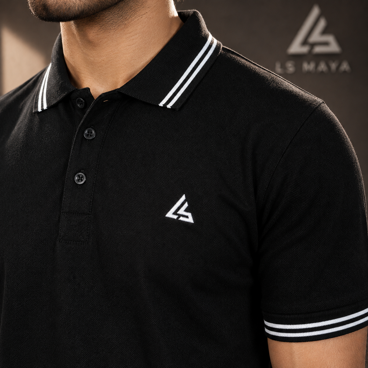 Black Men’s Polo Shirt with White Stripe Detail