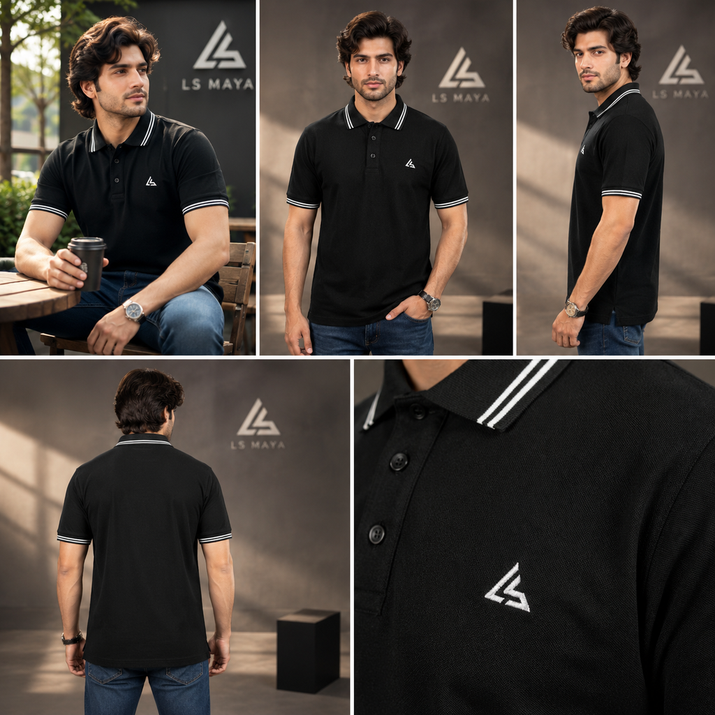 Black Men’s Polo Shirt with White Stripe Detail