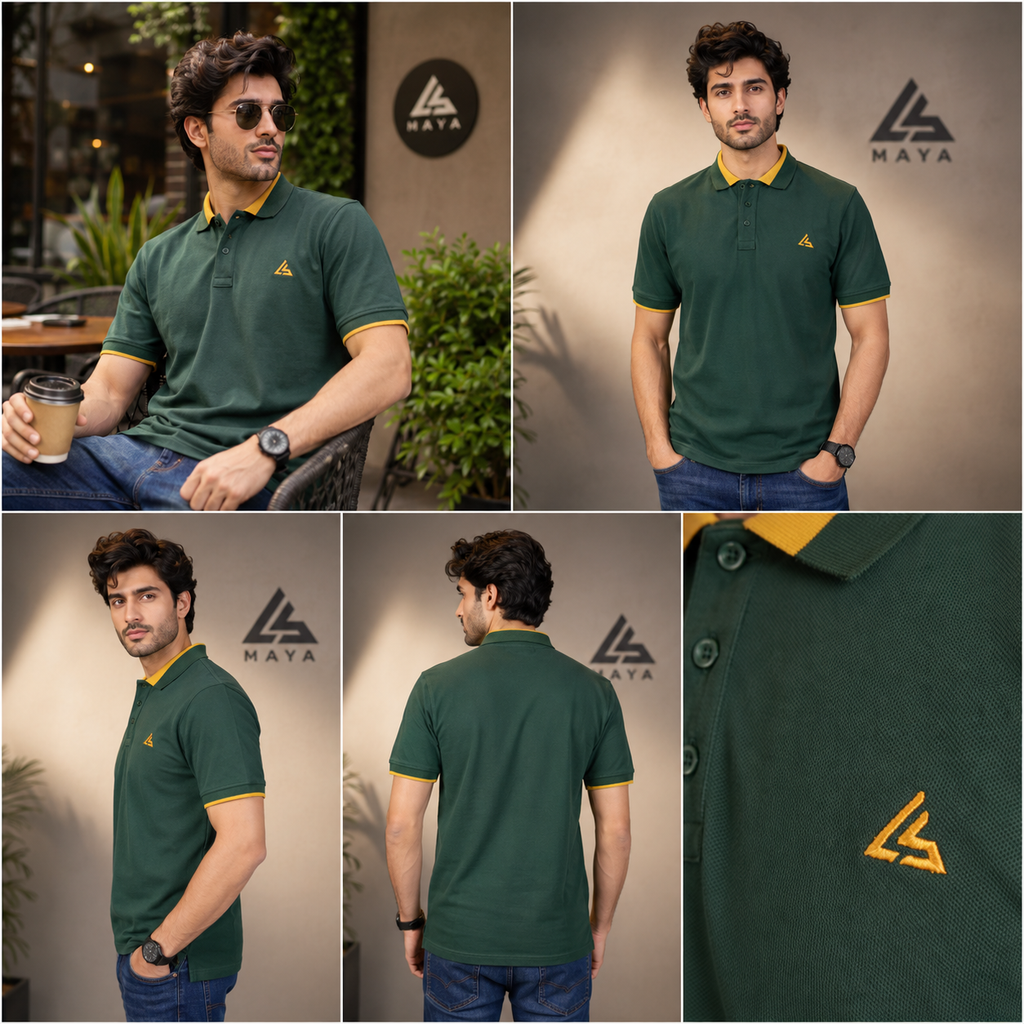 Dark Green Men’s Polo Shirt with Mustard Yellow Detail