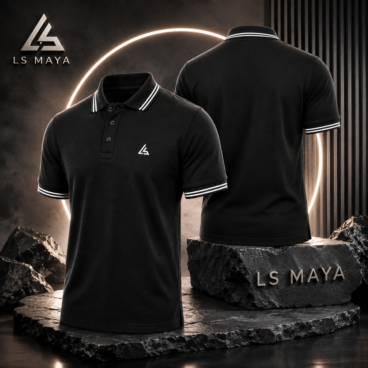 Black Men’s Polo Shirt with White Stripe Detail