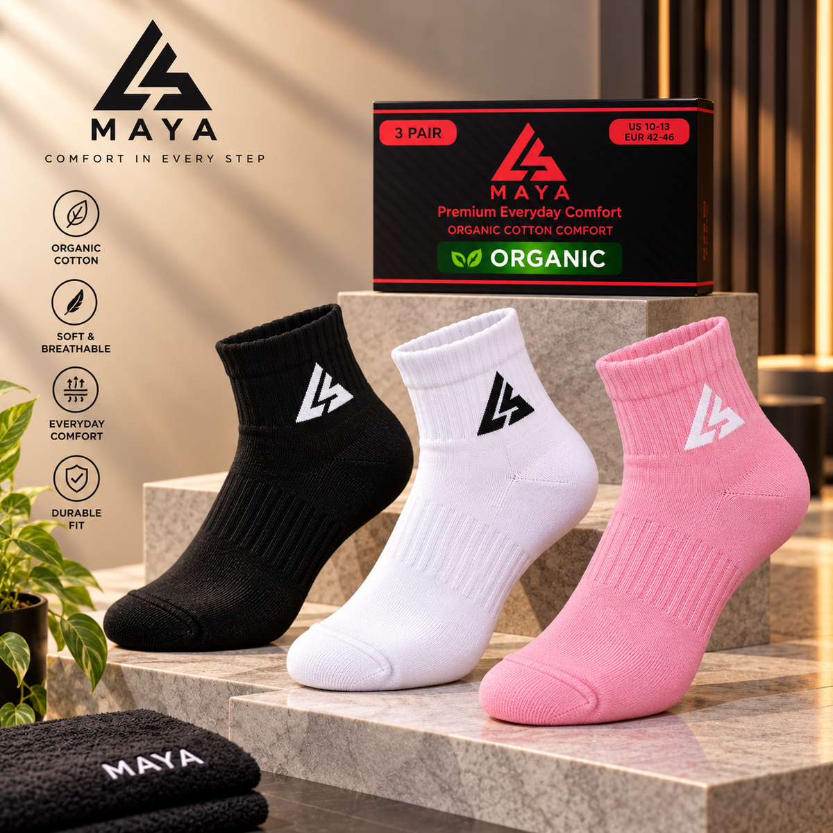 Premium Everyday Comfort Long Socks – 100% Organic Cotton Black, White & Pink 3 Pair Pack