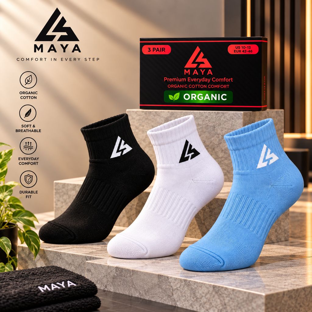Premium Everyday Comfort Long Socks – 100% Organic Cotton Black, White & Sky Blue 3 Pair Pack