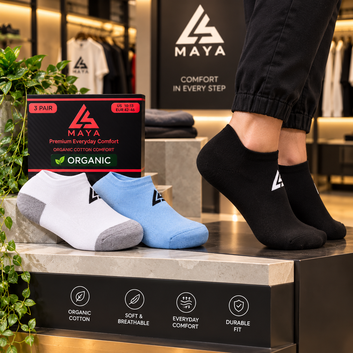 Premium Everyday Comfort Short Socks – 100% Organic Cotton Black, White & Sky Blue 3 Pair Pack