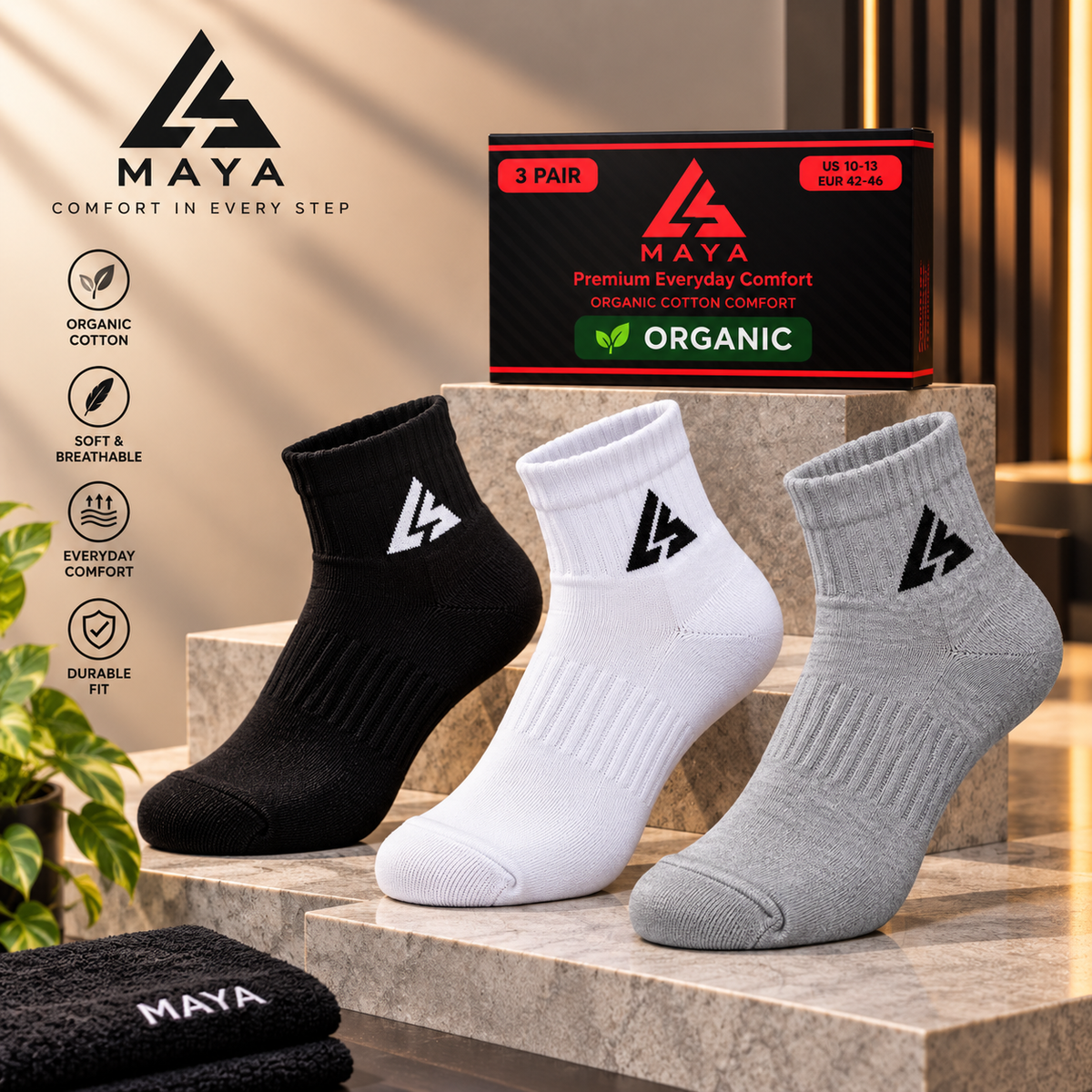 Premium Everyday Comfort Long Socks – 100% Organic Cotton Black, White & Grey 3 Pair Pack
