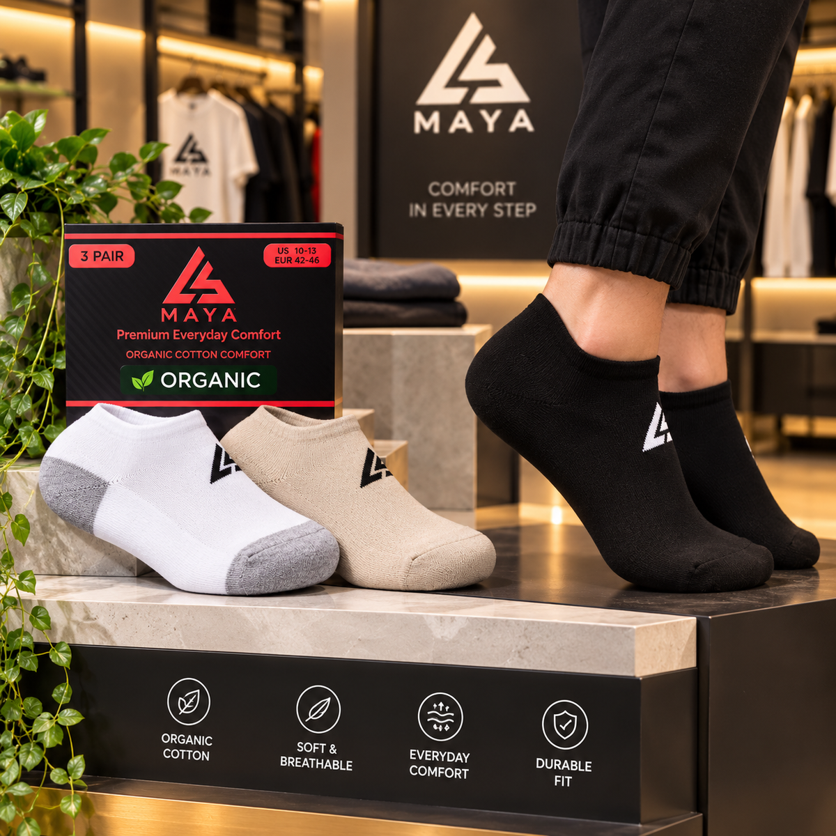 Premium Everyday Comfort Short Socks – 100% Organic Cotton Black, White & Beige 3 Pair Pack