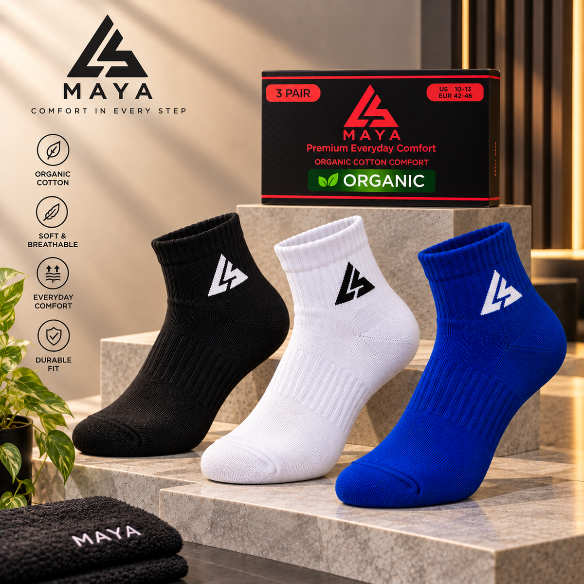 Premium Everyday Comfort Long Socks – 100% Organic Cotton Black, White & Blue 3 Pair Pack