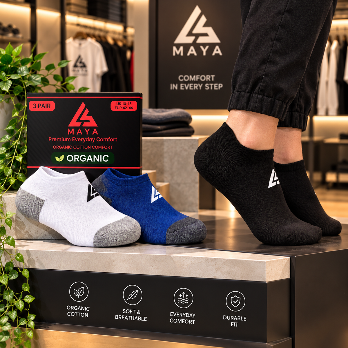 Premium Everyday Comfort Short Socks – 100% Organic Cotton Black, White & Blue 3 Pair Pack