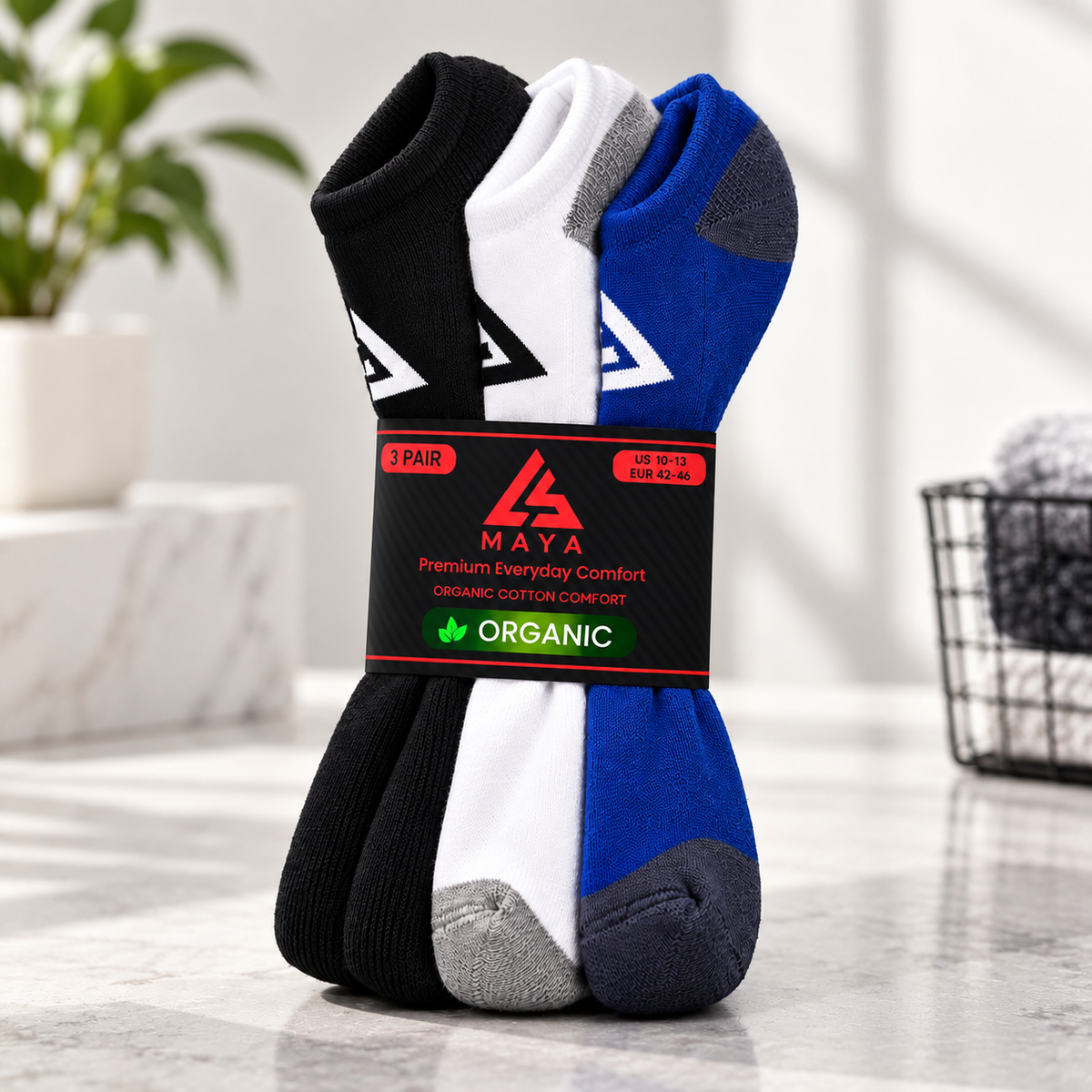 Premium Everyday Comfort Short Socks – 100% Organic Cotton Black, White & Blue 3 Pair Pack