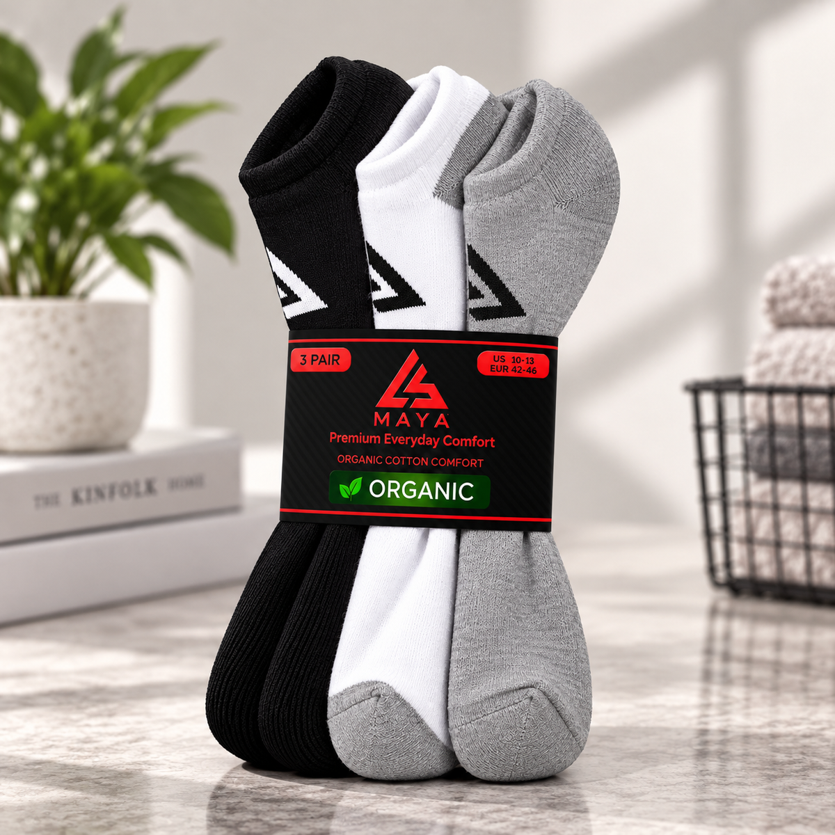 Premium Everyday Comfort Short Socks – 100% Organic Cotton Black, White & Grey 3 Pair Pack