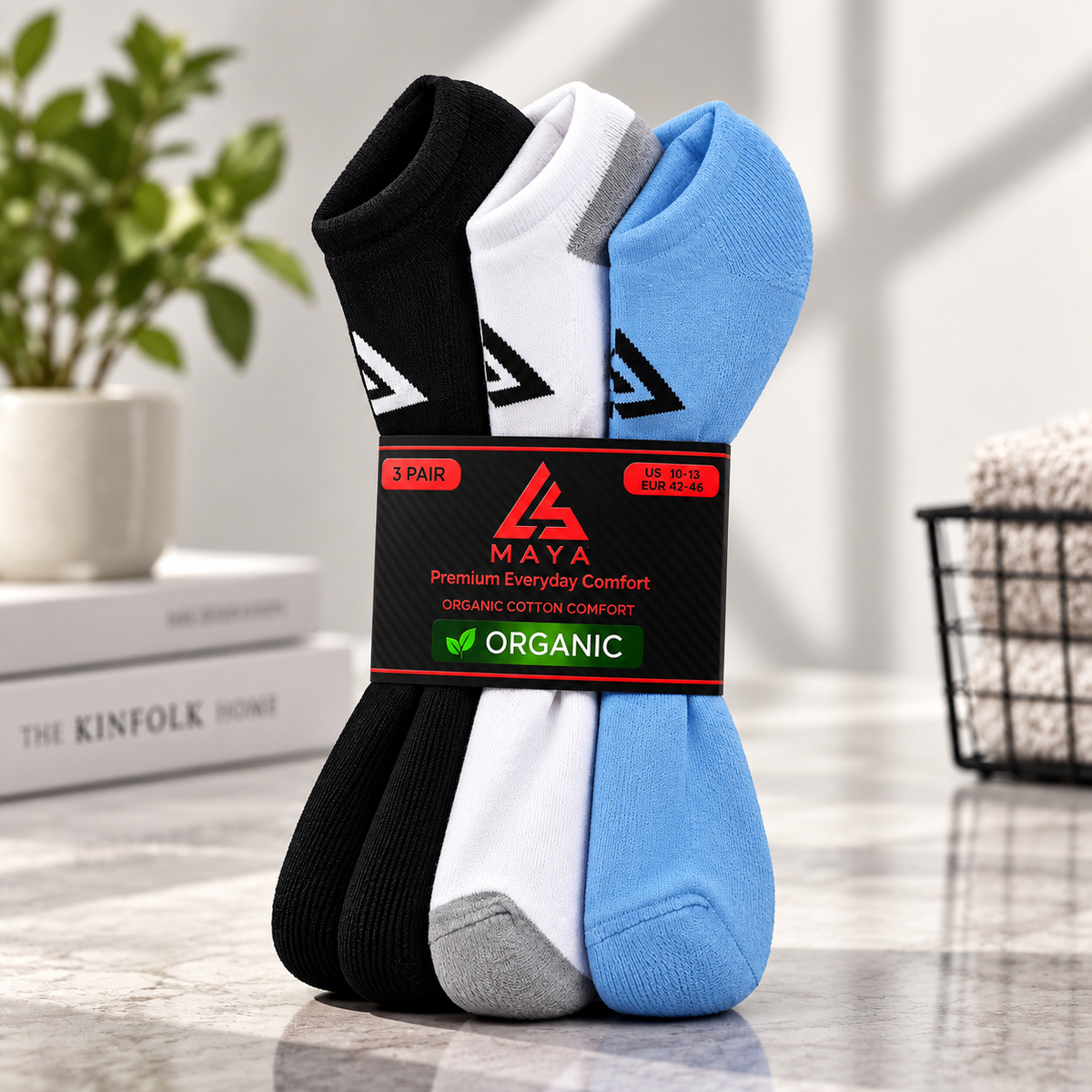 Premium Everyday Comfort Short Socks – 100% Organic Cotton Black, White & Sky Blue 3 Pair Pack