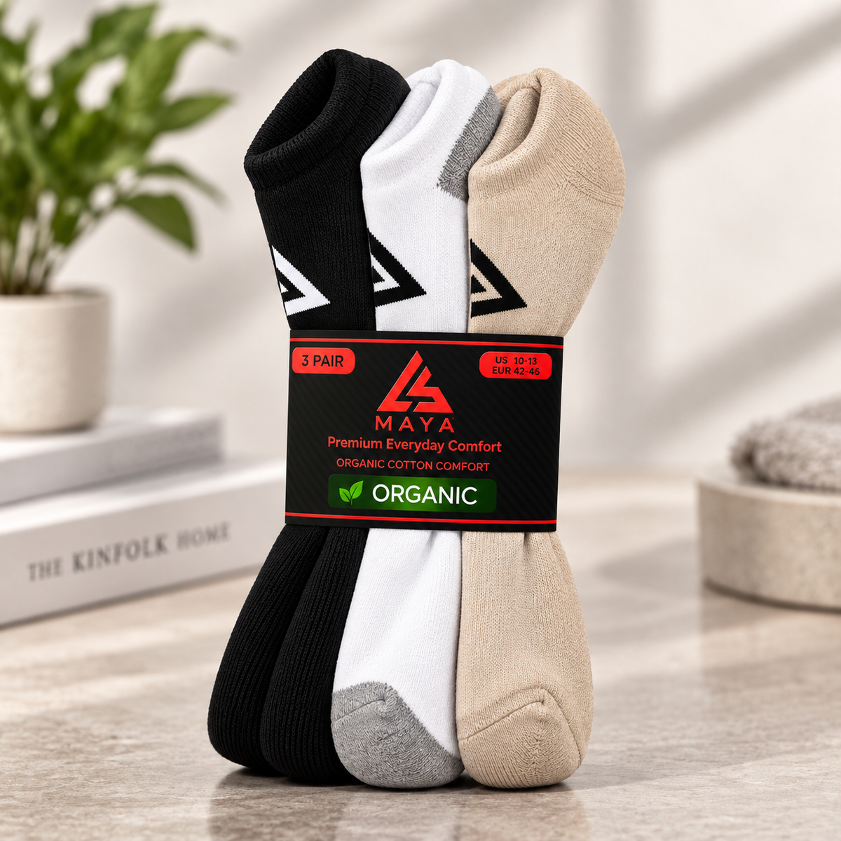 Premium Everyday Comfort Short Socks – 100% Organic Cotton Black, White & Beige 3 Pair Pack