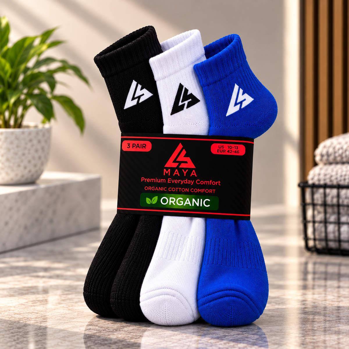 Premium Everyday Comfort Long Socks – 100% Organic Cotton Black, White & Blue 3 Pair Pack