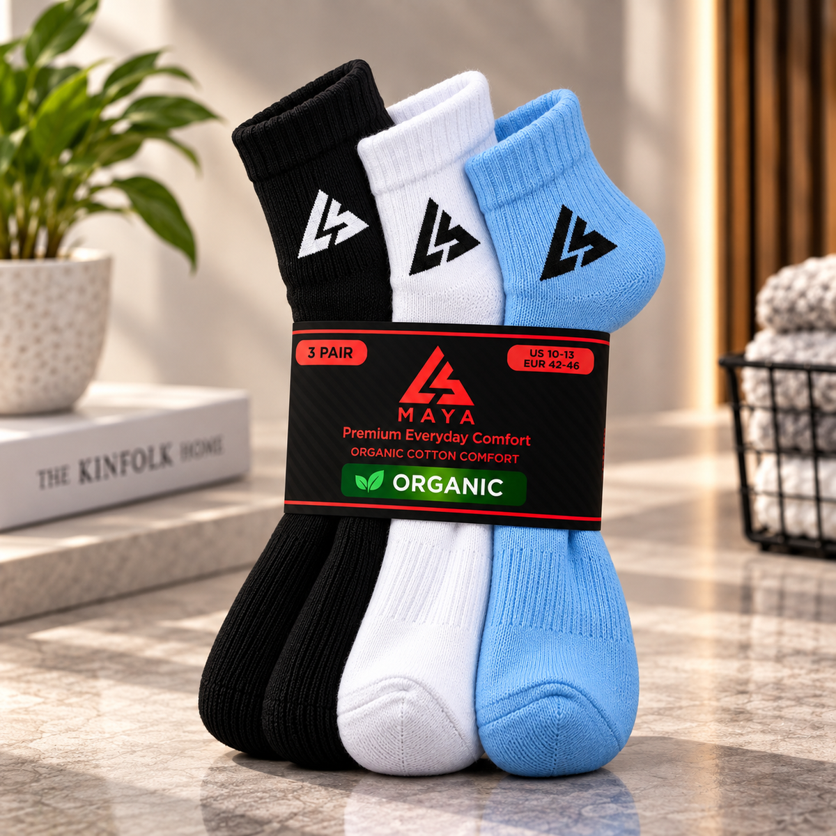Premium Everyday Comfort Long Socks – 100% Organic Cotton Black, White & Sky Blue 3 Pair Pack