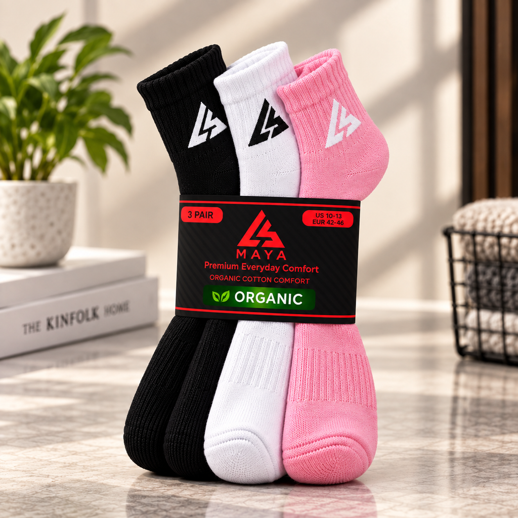 Premium Everyday Comfort Long Socks – 100% Organic Cotton Black, White & Pink 3 Pair Pack